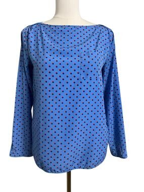 Gap Blouse Womens XS Blue Polka Dot Boat Neck Pocket Top Long Sleeve Basic